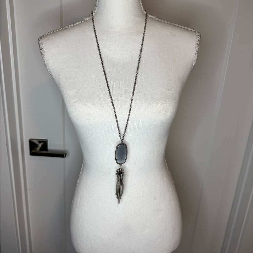 Kendra Scott Rayne Long Pendant Tassel Necklace Gray Cat’s Eye Silver Tone